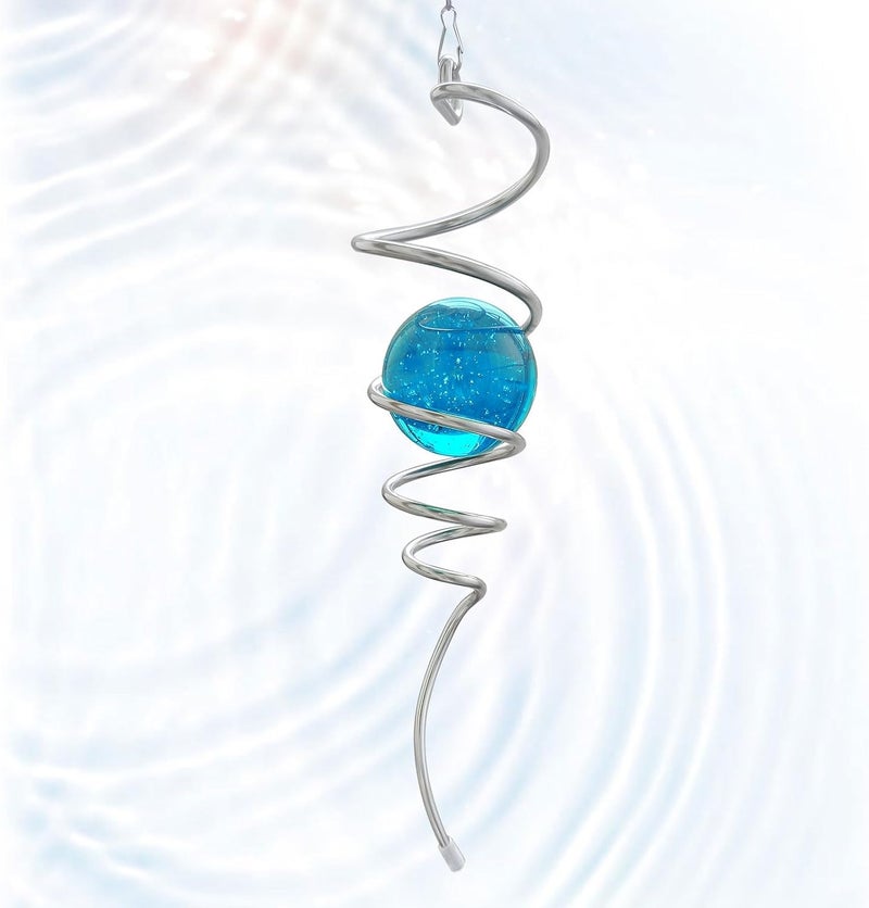 Eiryhope Gazing Ball Wind Spinner Spiral Tail with Blue Glass Orb | Creates Captivating Visual Illusion in Spinning, 13In Wind Spinners Stabilizer | Hanging Rotating Art Outdoor Garden Decor & Gift - Image 1